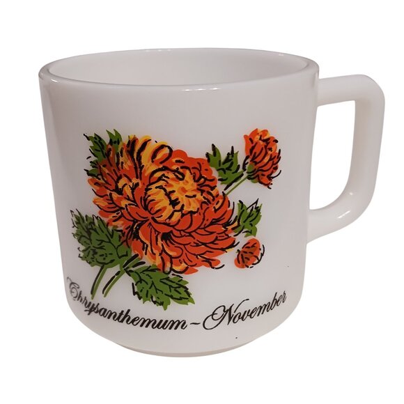 Vintage Unmarked November Chrysanthemum Mug Milk Glass Flower of the Month 1970 - Picture 2 of 8